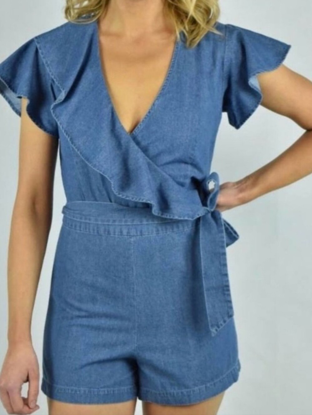 Draper James Size 10 Denim Wrap Romper - Blue